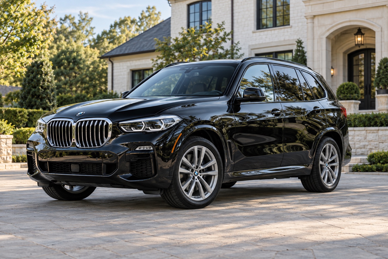 Glossy black BMW X5 with spotless wheels and crisp paint reflections in an elegant residential driveway