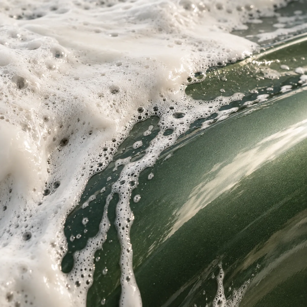 Close-up illustration of soft white pre-wash foam sliding down mineral-green paint