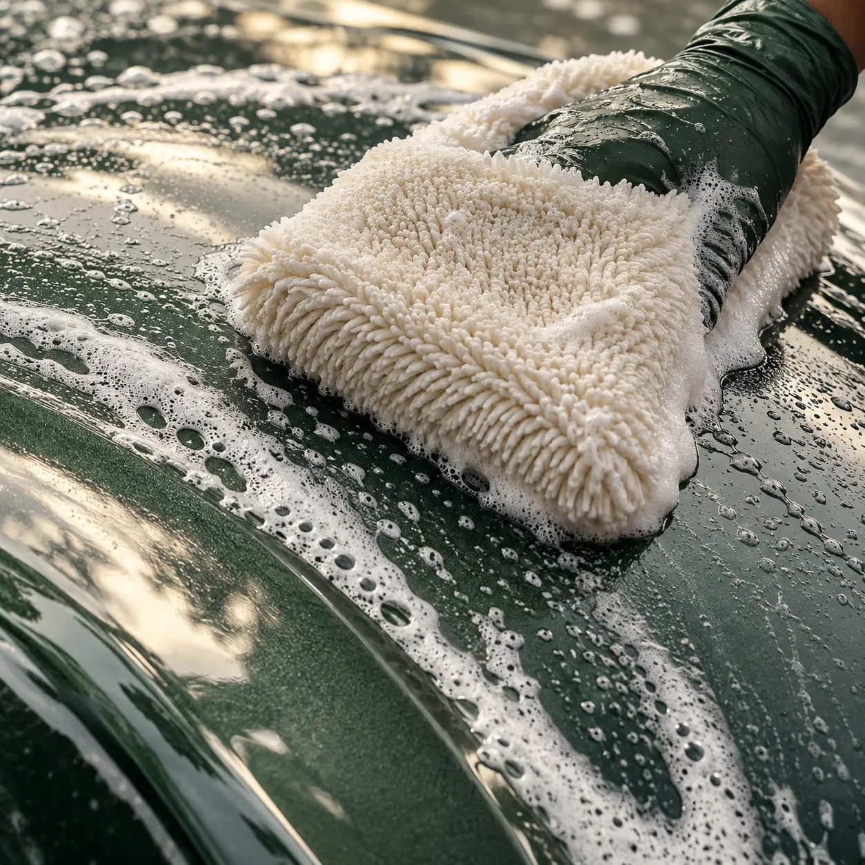 A microfiber mitt gliding over paint with shampoo suds